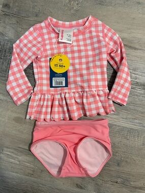 Ruffle Butts Pink Gingham Peplum Rashguard Swim Set
